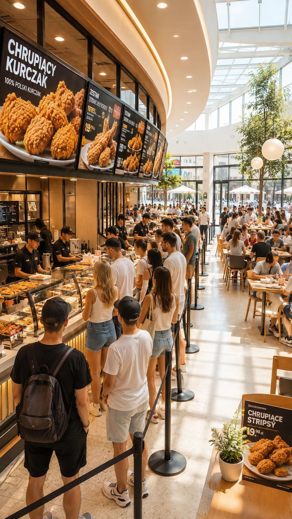 Kolejka klientów przy ladzie z chrupiącym kurczakiem — lokal z ofertą Chicken King