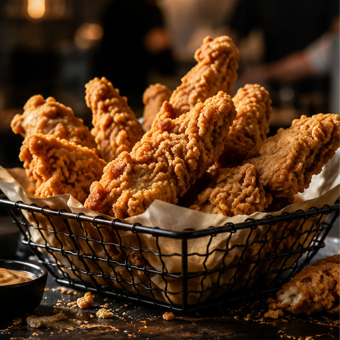 Chrupiący kurczak Chicken King — stripsy w koszu z sosem