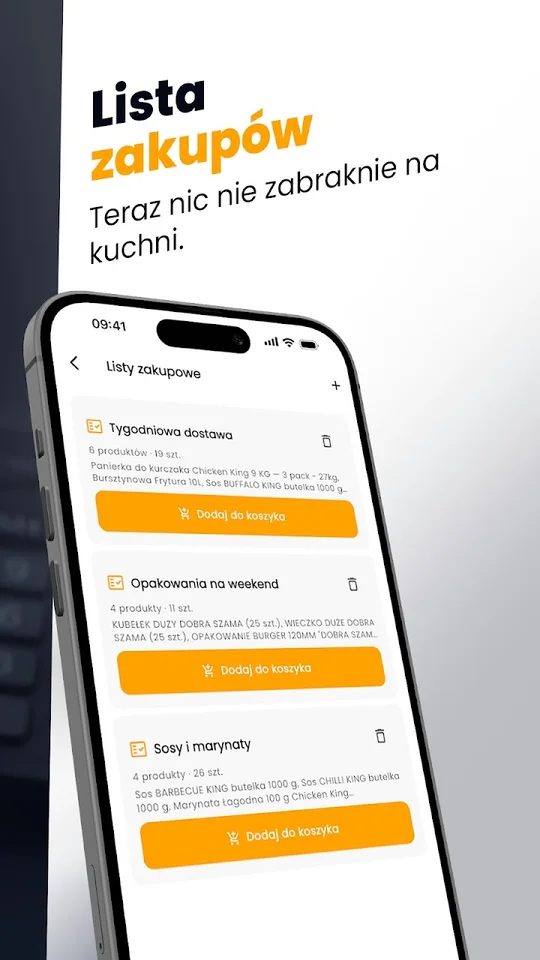 Listy zakupów w aplikacji Chicken King