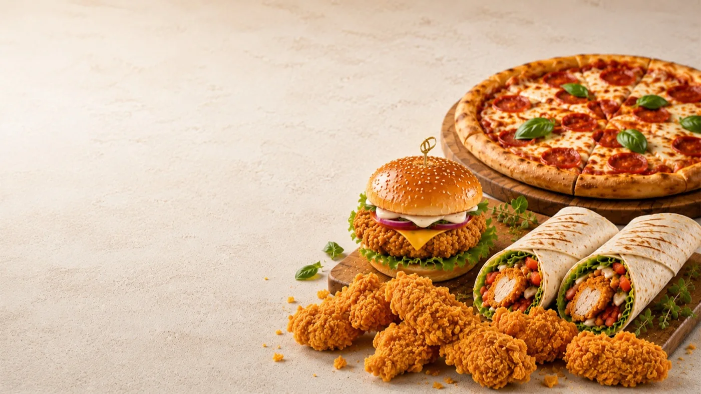 Pizza obok czarnego boxu Chicken King ze stripsami i frytkami — druga kategoria sprzedaży w pizzerii